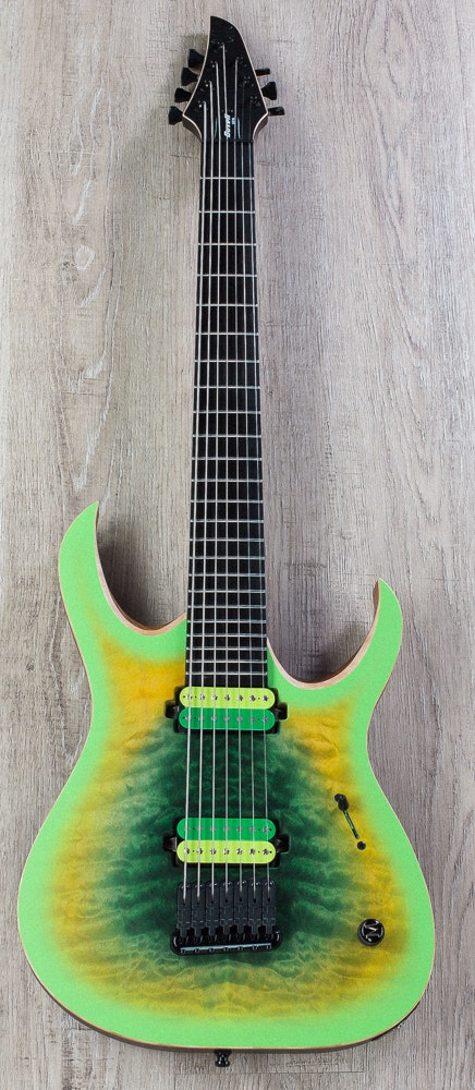 Mayones Duvell 7 Qatsi Baritone John Browne Signature Guitar, Juice Burst,  Ebony Board, Bare Knuckle Pickups,