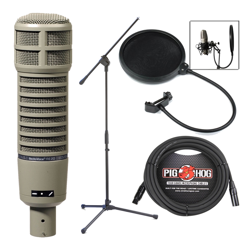 Electro Voice RE20 Dynamic Cardioid Microphone with Pop Filter, Mic Stand,  and Cable