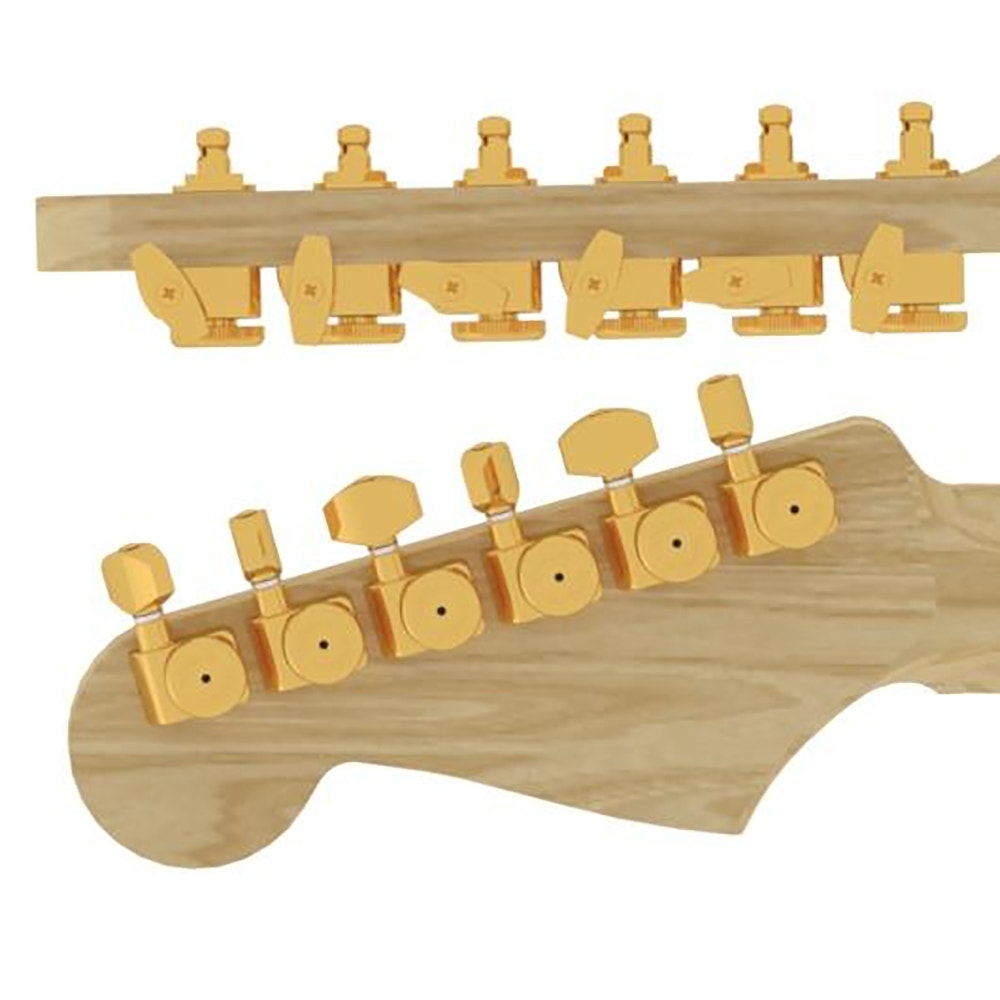 Hipshot 6KFEL0G STAG Guitar Tuner Upgrade Kit Fender Directrofit Grip Lock Closed Staggered Gold