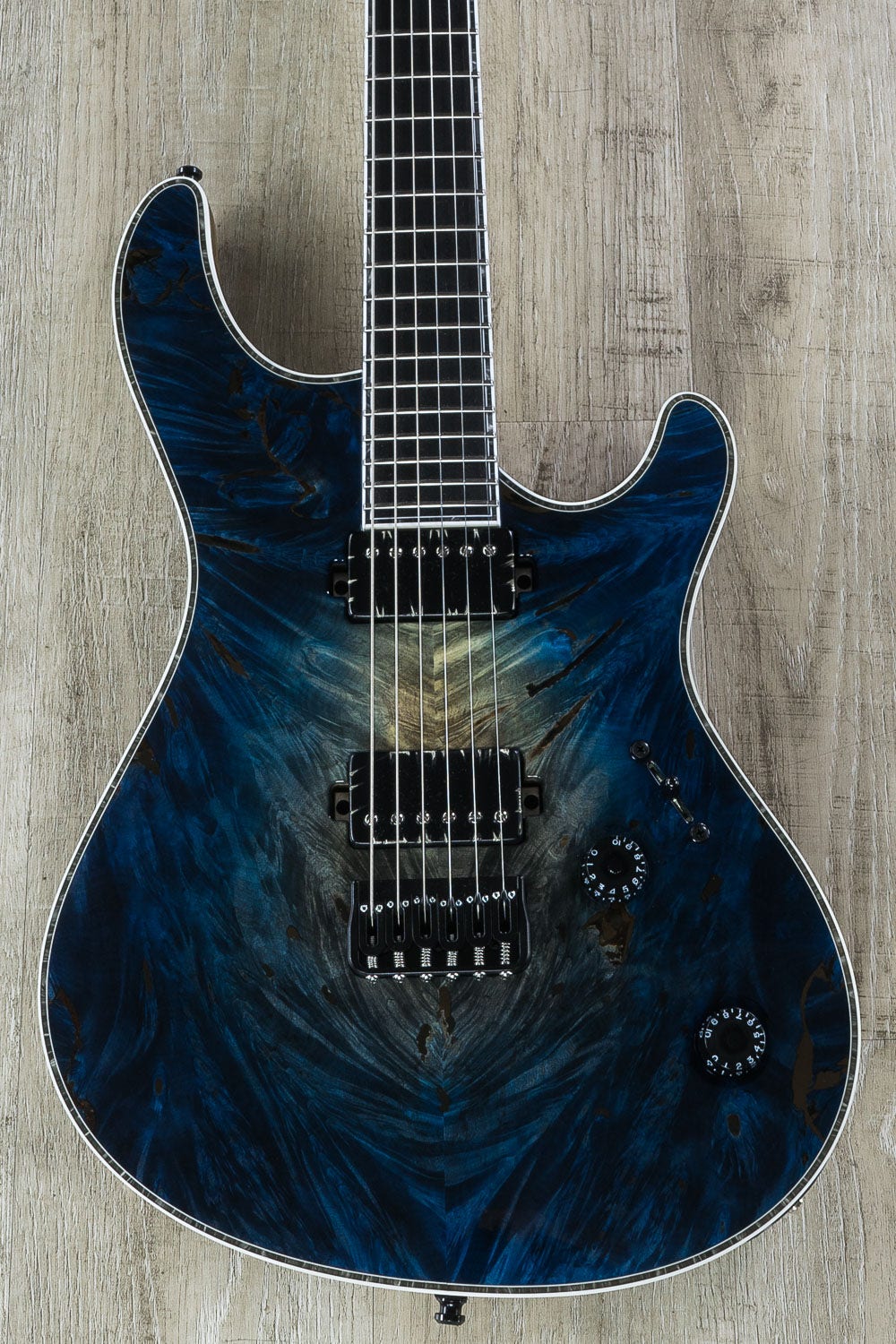 Mayones Regius 6 Guitar, Blue Burst, Buckeye Burl Top, Ebony Fretboard,  Bare Knuckle Pickups