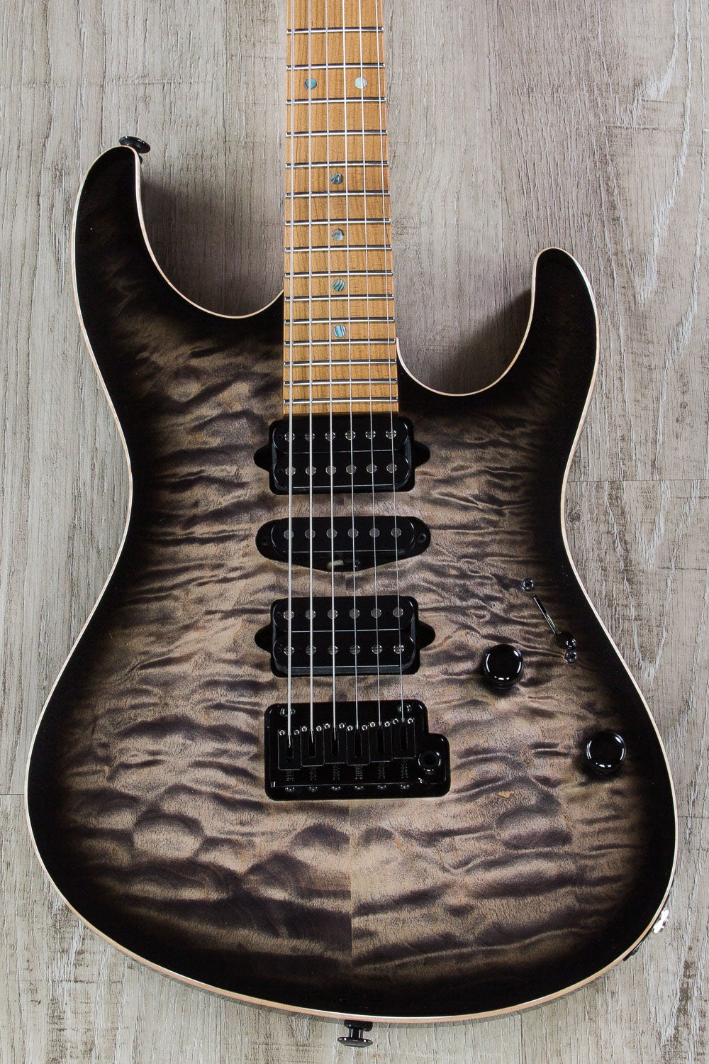 Suhr Custom Modern Carve Top HSH Guitar, Trans Charcoal Black, Roasted  Maple, Quilt Top